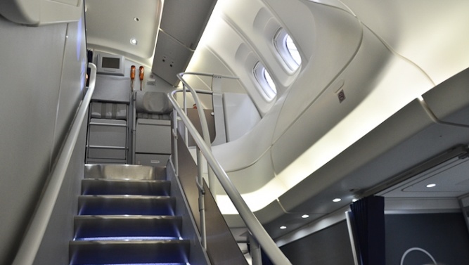 The stairs in business class on a Lufthansa B747