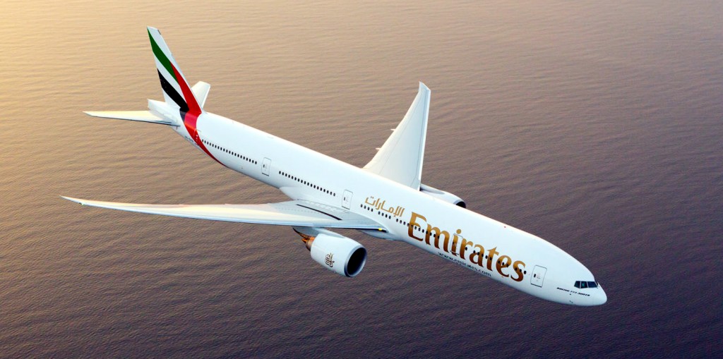 Emirates Boeing 777-300ER photographed on August 17, 2015 from Wolfe Air Aviation's Lear 25B.