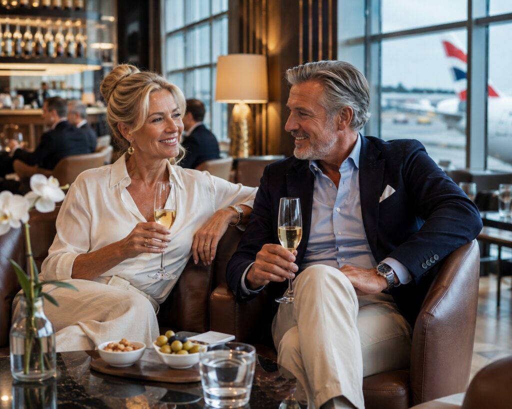 Couple relaxing in airport lounge with champagne