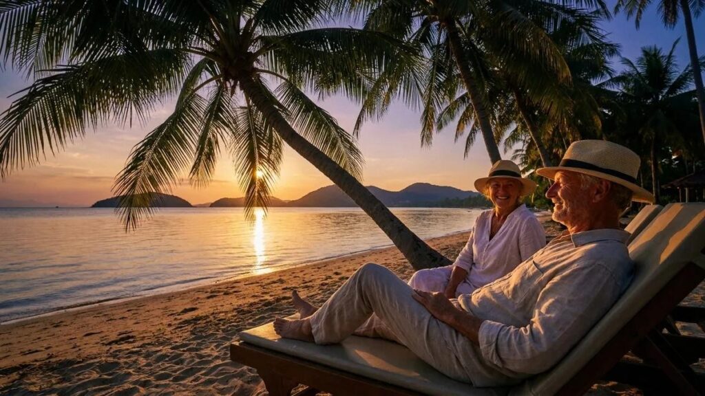Couple enjoying a sunset beach